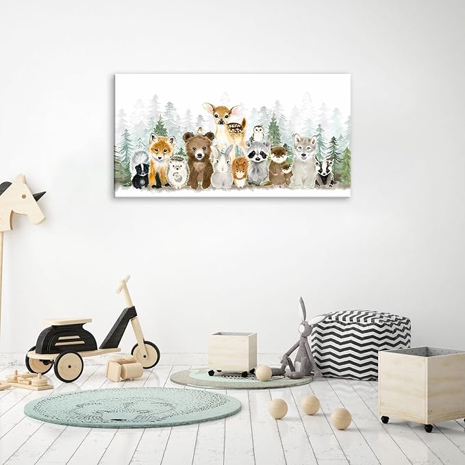 Woodland Animal Nursery Wall Art Watercolor Forest Baby Animal Nursery Wall Decor Printing Framed Fox Bear Deer Watercolor Poster Paintings Pictures for Boys Room Girls Room Home Decoration 12x24in