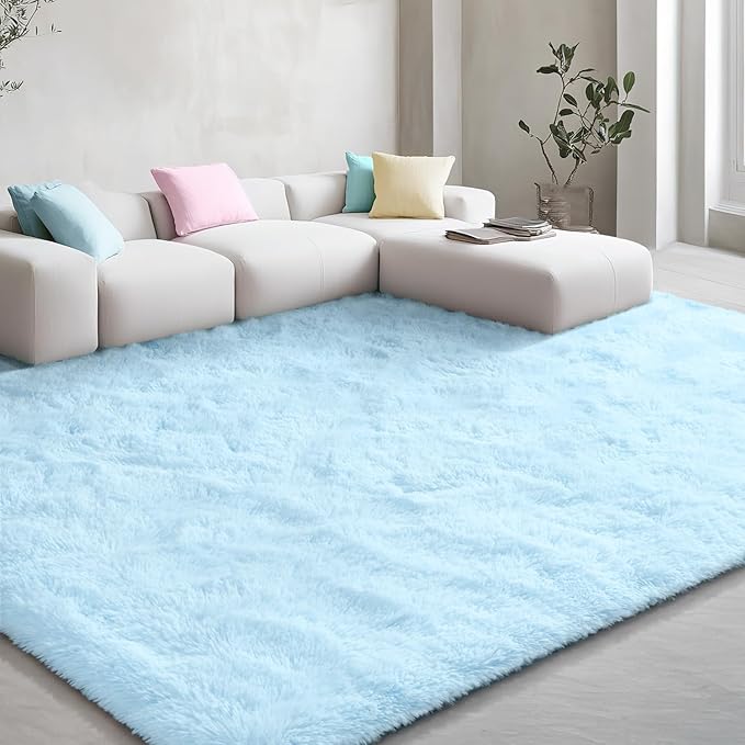 EVOIONOS Ultra Soft Area Rug for Bedroom, 4x6 Machine Washable Fluffy Shag Rug for Living Room, Plush Non Slip Carpet Indoor Floor Bedside Nursery Kids Girls Room Dorm, Home Decor Aesthetic Light Blue