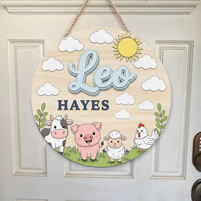 Farm Animal Wooden Name Sign for Wall – Personalized Wooden Door Plaque with Cow, Pig, Sheep, and Chicken, Custom Nursery Name Wall Decor for Boys or Girls Bedroom