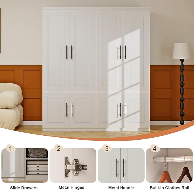 White Armoire Wardrobe Closet Cabinet: 4 Door Wood Wardrobe Closet Combination Cabinet Wooden Bedroom Armoire with Hanging Rods for Home/Bedroom/Living Room