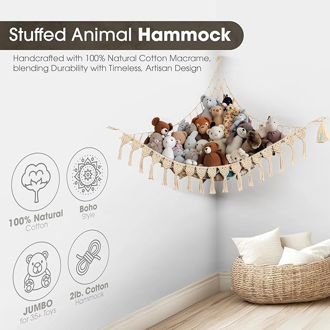 Extra Large Stuffed Animal Storage Hammock Corner with LED Lights – 25LB Capacity Hanging Toy Net for Small or Large Plushies, Boho Macrame Squishmallow, Plush Net, Blue