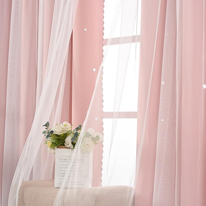 Light Pink Curtains Blackout for Girls Bedroom - Aesthetic Star Cutout Double Layer with White Sheer Overlay, 63 Inch Length 1 Panel Cute Curtain Baby Nursery Toddler Room Decor Drapes