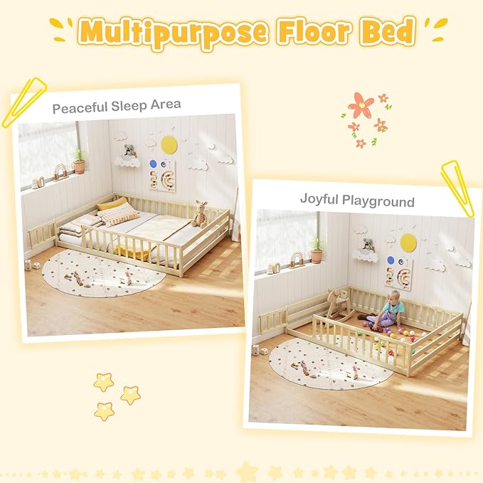 KOMFOTT Full Size Wood Floor Bed with Door & Fence, Montessori Bed Frame with Full Length Safety Guardrails, Door & Latch, Wooden Montessori Floor Bed for Kids, Girls, Boys (Full,Natural)