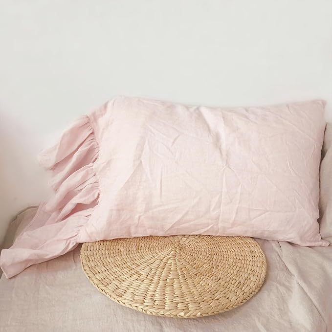 100% French Linen Pillowcase Ruffles Pillow Cover King Queen Twin 1 pcs (King, Pink)