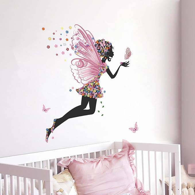 Supzone Butterfly Girl Wall Stickers - Flowers Fairy Wall Decal Removable Vinyl Art Stickers for Girls Baby Nursery Kids Bedroom Living Room Bathroom Decor Mural