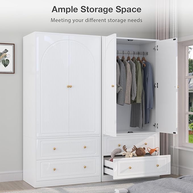 Wardrobe Closet with 4 Door & 4 Drawers, 71" White Bedroom Wooden Armoire with Hanging Rod, Freestanding Large Capacity Clothing Wardrobe Cabinet w/Gold Handles for Bedroom