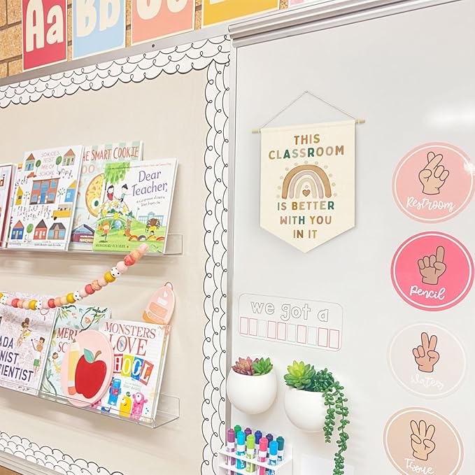 Boho Nature Cute Classroom Wall Art Decor,This Classroom Is Better with You in It Linen Canvas Banner, Rainbow Welcome Sign Wall Hanging Pennant Flag Banner for Preschool, 15x11in
