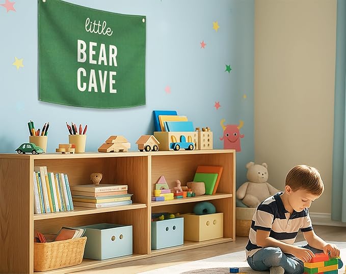 Nursery Rectangular Banner Flag Sign Wall Decor Gift for Baby Boy Girl Kids,Nursery Above Crib Bedroom Playroom Front Door-little Bear Cave-Baby Present Shower,Birthday Christmas Gift