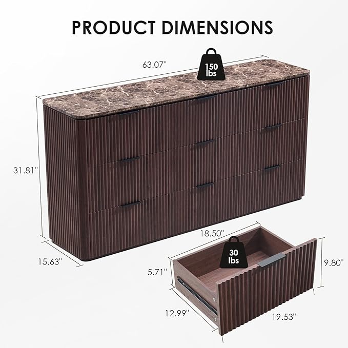 Fluted 9 Drawer Dresser for Bedroom, 63" Wide Modern Chest of Drawers with Faux Marble Top, Curved Corners Design, Wooden Dresser TV Stand with Organizer Storage for Living Room (Dark Oak, 63" W)