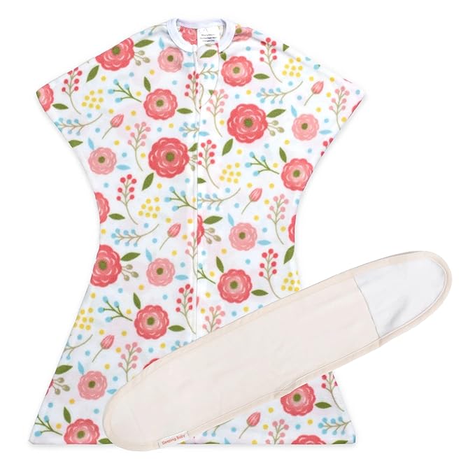 SleepingBaby Fleece Zipadee-Zip Transition Swaddle and Snuggle Strap Bundle - Roomy Baby Swaddle Blanket with Zipper Convenience and Wearable Blanket Accessory, Pretty Poppy, Medium (6-12 Month)