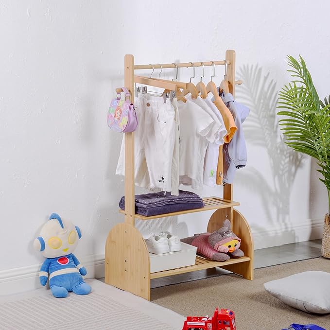 Kids Clothing Rack With Adjustable Rods, Children Clothes Garment Rack for Baby Pet, Dress Up Rack With 2 Bottom Shelves, Wardrobe Closet for Toddlers Nursery