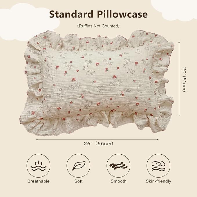 BuLuTu Rabbit Floral Toddler Pillowcase Muslin Cotton Kids Pillow Case Standard Size, 20"x26", Soft Breathable Children Bedding Pillow Cover for Girls Boys,1 Piece, Bunny Pattern