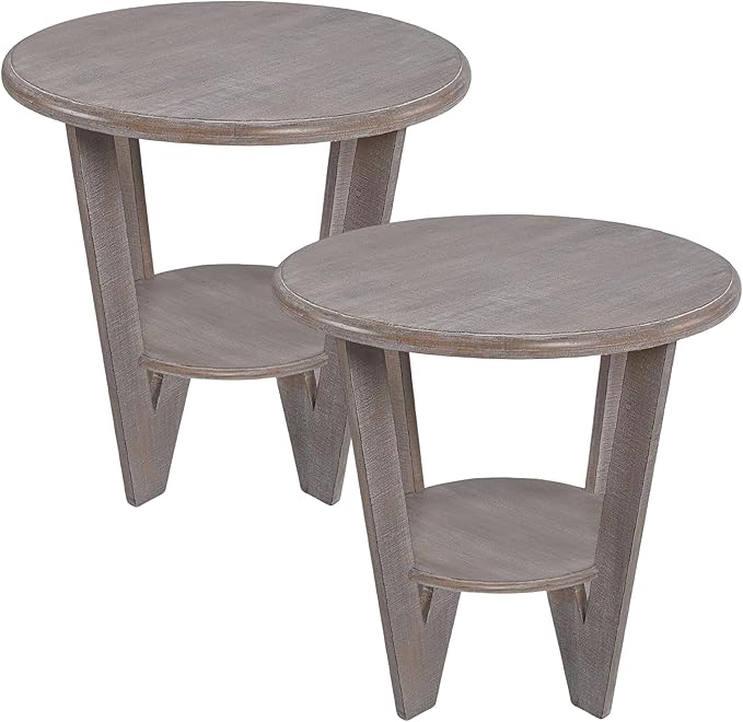 Set of 2 Rustic Farmhouse end Table with Storage Shelf, French Country Accent Side Table for Family, Dinning or Living Room, Small Spaces, Modern, Round, Vintage Grey Finish