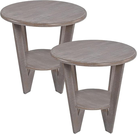 Set of 2 Rustic Farmhouse end Table with Storage Shelf, French Country Accent Side Table for Family, Dinning or Living Room, Small Spaces, Modern, Round, Vintage Grey Finish
