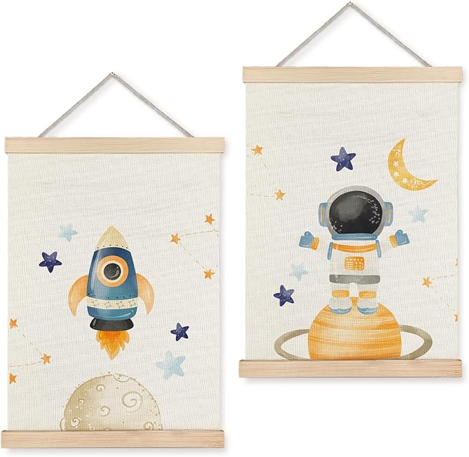 LUVADIAN Space Wall Decor, Nursery Decor Wall Art With Wooden Poster Hanger, Spaces Themed Bedroom Decor, Space Wall Decor for Toddler Boys Bedroom Nursery Playroom Classroom, 12x16 Inch Set of 2