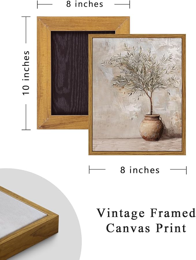 ARPEOTCY Vintage Framed Botanical Wall Art, Bedroom Bathroom Rustic Farmhouse Art Decor, Olive Tree in Vessel Canvas Print Retro Paintings, Home Neutral Antique Decor, 8x10 Inch
