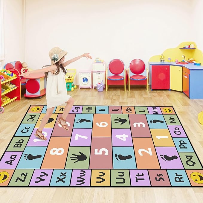 Kid Hopscotch Play Rug, ABC Alphabet Number Educational Carpet, Playroom Classroom Mat Non-Slip Washable (Pink 39x59 in)