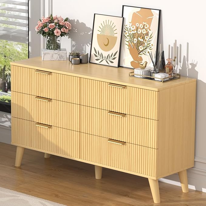 6 Drawer Dresser for Bedroom, 47" Wide Modern Chest of Drawers with Fluted Design, Dresser TV Stand, Boho Storage Wood Dresser Organizer for Living Room, Hallway, Closet, Entryway Natural