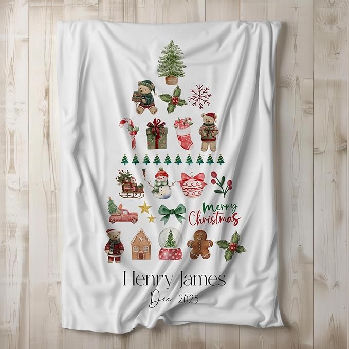 Personalized Baby's First Christmas Blanket, Custom Minimalist Elegant Baby Name Christmas Blanket, Soft Fleece Or Sherpa Throw, Baby Shower, Made in USA