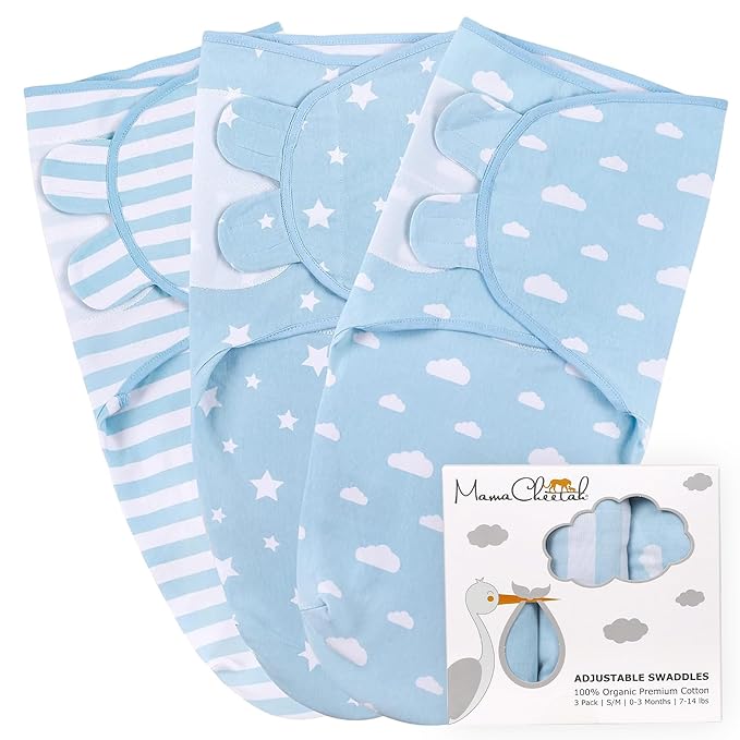 Mama Cheetah Preemie Swaddle Sack, Organic Cotton Sleep Sacks - Easy Swaddles for Premature Baby Boy Blanket Wrap, 4-7 lbs, Newborn Essentials, 3-Pack, Blue