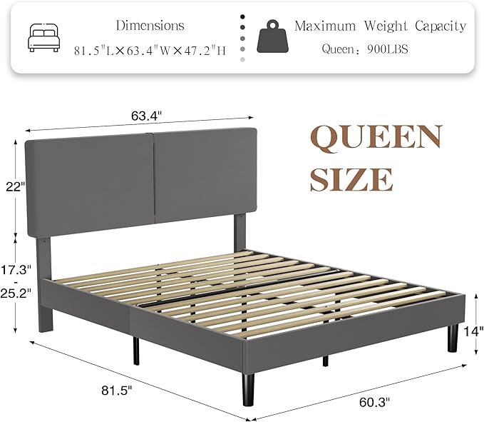 VECELO Queen Bed Frame with Type-C & USB Ports, Upholstered Platform Height-Adjustable Cotton and Linen Headboard, No Box Spring Needed, Noise-Free, Easy Assembly, Dark Gery