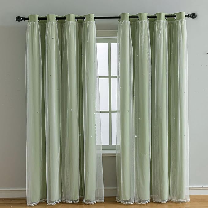 FANLI 2 Panels Star Blackout Curtains for Kid Girls Bedroom Living Room Darking Stripe Double Layer Star Cut Out Wall Home Decor Gradient Grommet Window Curtains (Green 72L)