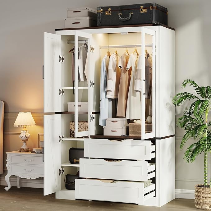 Concho 73'' Tall Farmhouse Armoire Wardrobe Closet with LED Light, Wood Wardrobe Closet Collection with 4 Doors 3 Drawers, Clothing Storage Cabinet with 4 Adjustable Shelves, Antique White