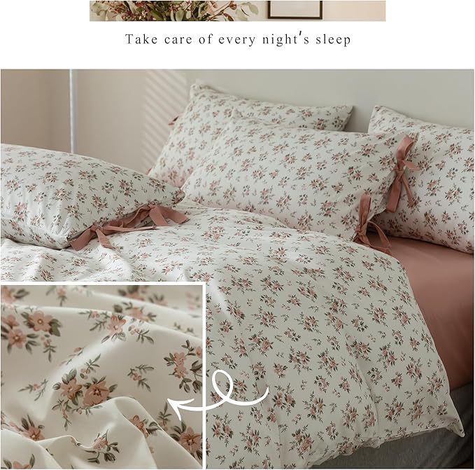 Boho Duvet Cover Twin XL 3 Piece Cottagecore Pink Floral Bedding Set for Teen Girl Dorm Vintage Flowers Room Decor Princess Bedding 1 Twin XL Duvet Cover 2 Pillowcases with Bow Ties