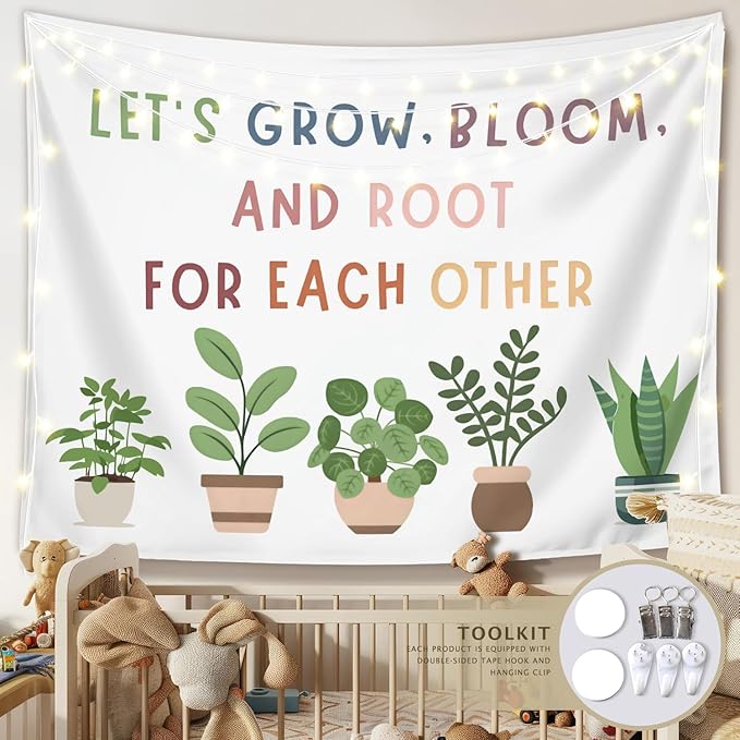LIANGW Classroom Decor, Positive Affirmations Wall Decor, Boho Classroom Tapestry, Lets Grow Bloom And Root For Each Other, Nature Plant Education Wall Art Tapestries Wall Hanging 50x60 inches