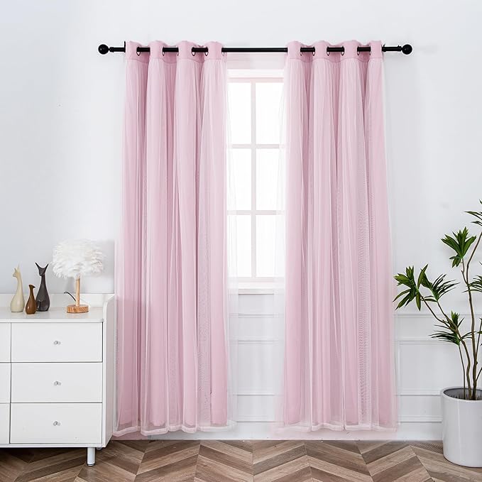 INLINAS Pale Pink Blackout Curtains with Sheer Overlay - Grommet Top Thermal and Noise Reduction Panels for Bedroom and Living Room Light Blocking and Energy Saving, 52 x 96 Inches, Set of 2