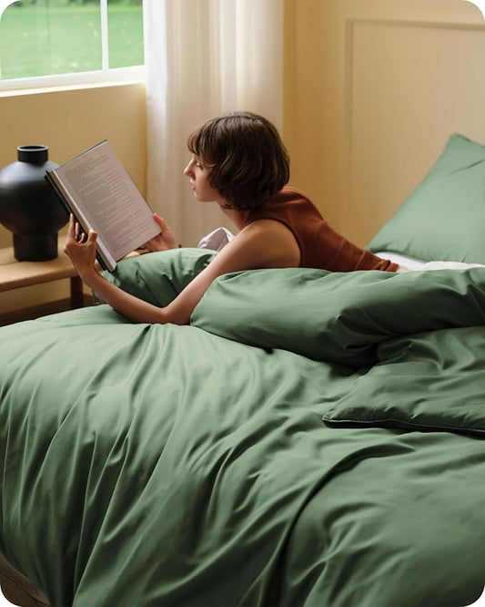 Bedsure Cooling Duvet Cover Queen Size, Cotton & Rayon Derived from Bamboo Blend Duvet Cover Set for Hot Sleepers,Ultra-Soft, Breathable & Lightweight Home Bedding for All Seasons(Olive Green,90"x90")