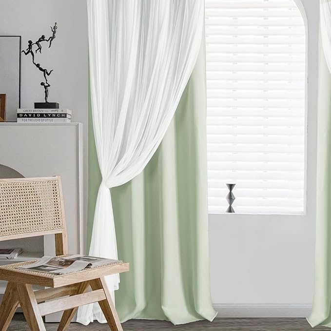 DWCN Layered Curtains for Living Room Blackout and Sheer Curtains with Tiebacks Grommet Top Window Treatments with Sheer Overlay for Bedroom, 52 W by 96 L, Seafoam, 2 Pieces