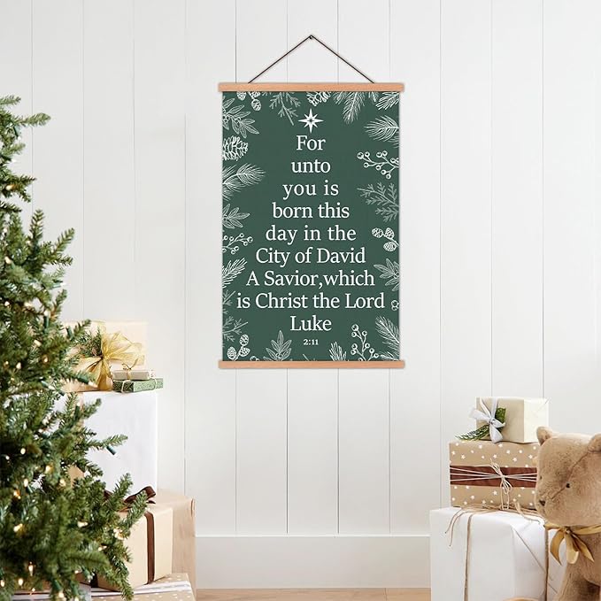 KAIRNE Christmas Wall Art,Christian Poster With Wooden Hanger(13.8”X22”),Green Snow Tree Picture,Xmas Bible Wall Decor,Christmas Gift for Friends Family Living Room Bedroom Farmhouse Decoration