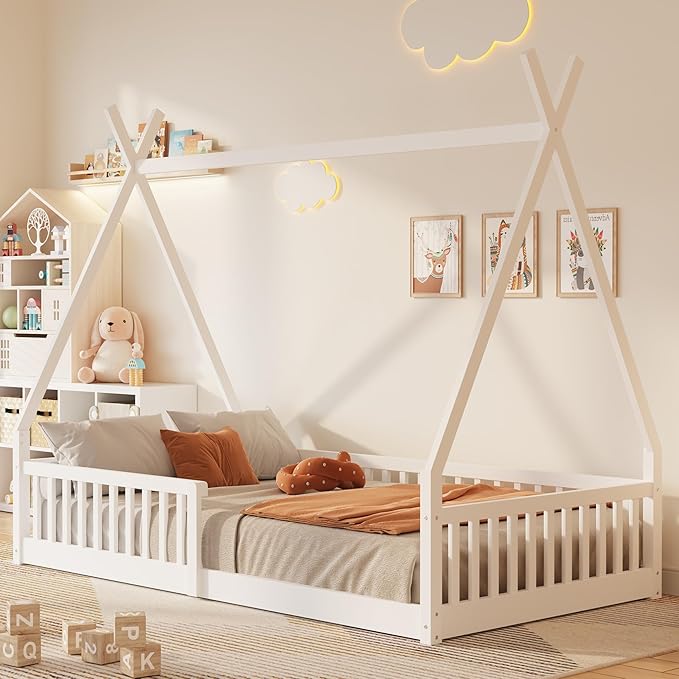 Twin House Bed with Fence Rails, Wood Montessori Floor Bed with Slats Support, Twin Size Teepee Tent Beds Kids Bed Frames for Girls Boys,White
