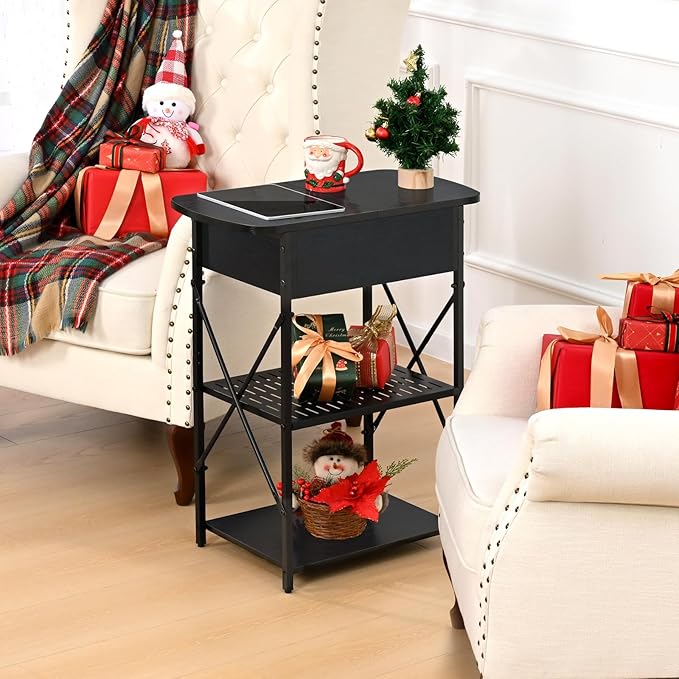 Livofloral Narrow End Table with Charging Station, Side Table with 3 USB Ports and 2 AC Outlets, Flip Top End Table with Storage, Black Side Tables Living Room, Nightstand with Drawer for Bedroom