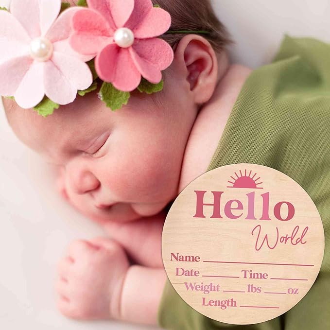 Hello World Newborn Sign - Baby Name Birth Stats Announcement Plaque for Hospital - Photo Prop - Pink Nursery Decor - Shower Gift