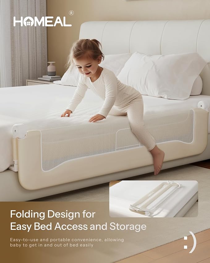 HOMEAL Bed Rail for Toddlers, 32in Swing Down Toddler Bed Rails with U-Shape Base, Foldable Baby Bed Rail Guard, Twin Size, Full Size, Queen Size, King Size Beds, Bed Rail for Baby, Beige