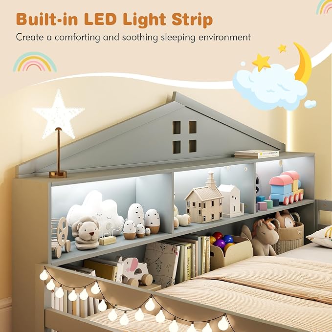 Giantex Full Size Montessori Floor Bed with LED Lights, 2-in-1 Wooden House Bed Frame with Safety Guardrails, Storage Compartments & Shelf, No Box Spring Needed, Without Slats, Gray