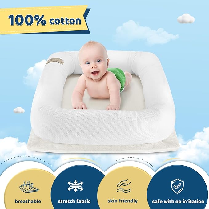 Portable Baby Lounger for Newborn 0-12 Months, Soft Breathable Baby Play Mat and Adjustable Diaper Changing Pads for Home&Travel, Newborn Essentials Gifts for Boys & Girls (White)