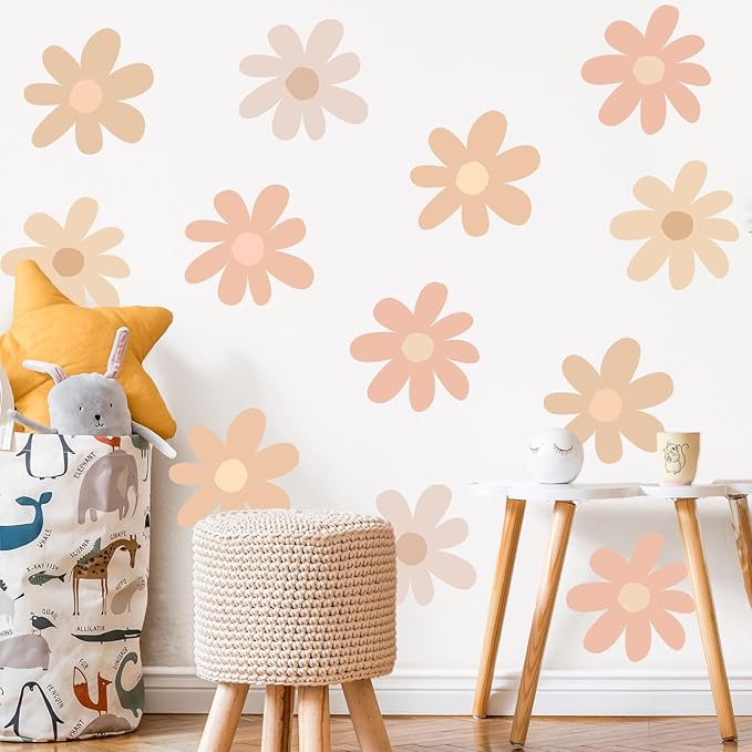 TaoBary 12 Sheets Daisy Wall Decal Flower Wall Sticker Cute Daisy Sticker Pink White Flower Decal Peel and Stick Floral Wallpaper for Nursery Bedroom Home Decor(Light Color,Bobo Style)