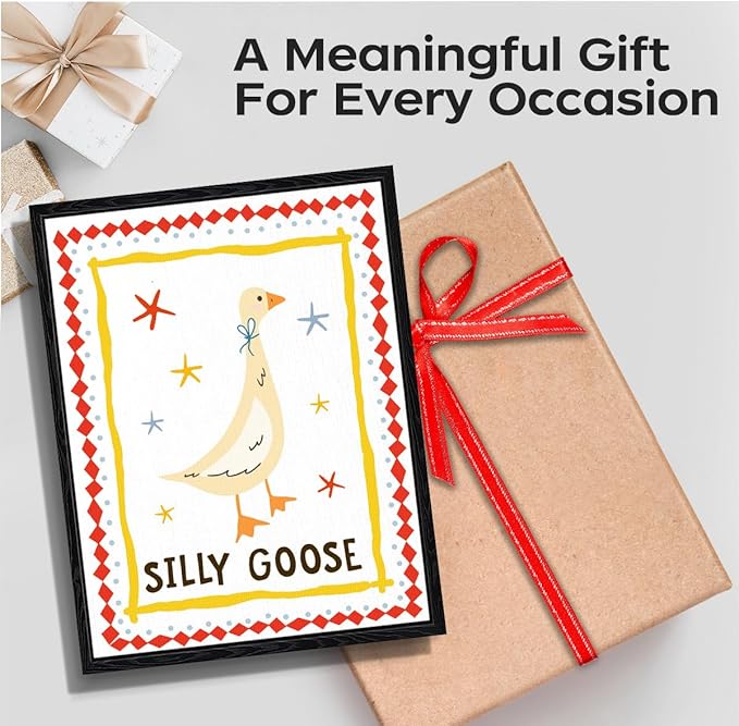 Silly Goose Wall Art, silly goose message, whimsical kids wall decor, matte finish framed canvas print, nursery poster artwork, for nursery kids room birthday gift, 12x15 inch