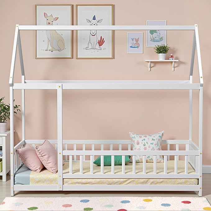 LLS Twin Floor Bed Frame with Fence, Wooden Montessori Bed, House Bed for Boys Girls Bedroom, White