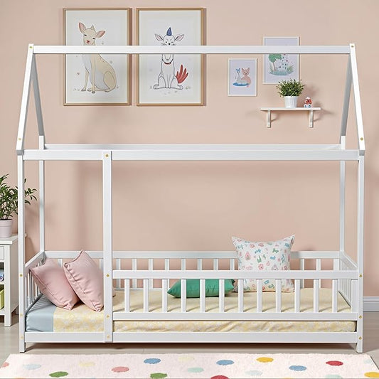 LLS Twin Floor Bed Frame with Fence, Wooden Montessori Bed, House Bed for Boys Girls Bedroom, White