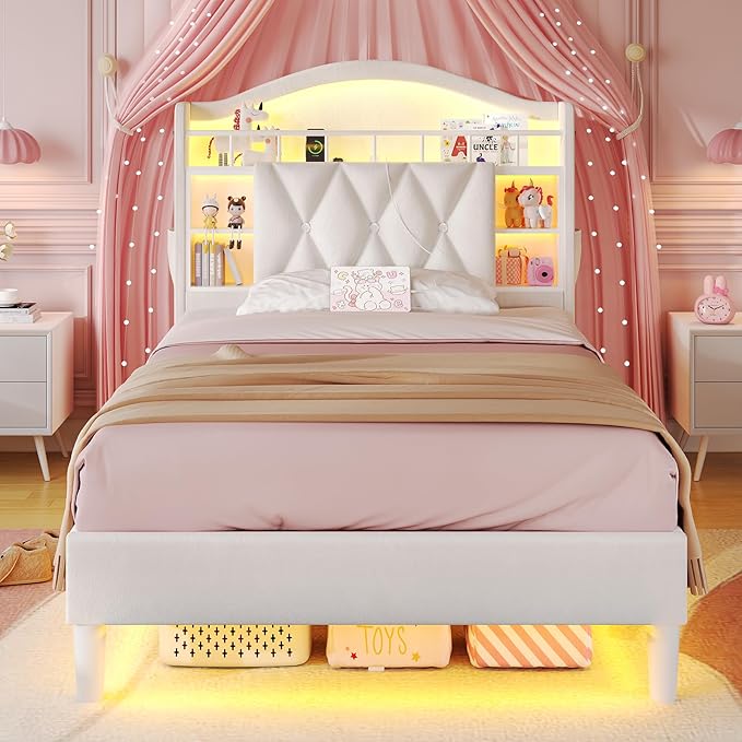 ADORNEVE Twin Size Bed Frame with LED Lights, Princess Velvet Upholstered Platform Bed for Girls, Headboard with Charging Station & Guardrail & Crystal Button, No Box Spring Needed, Beige