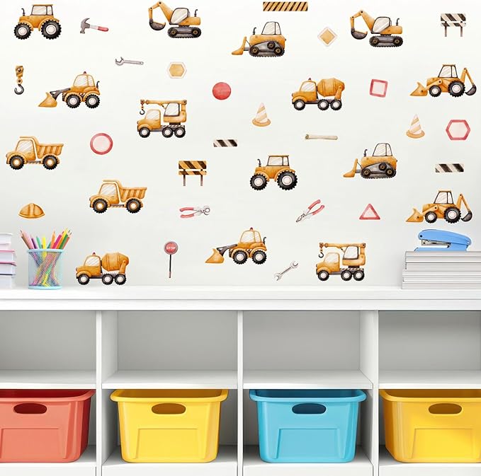 Construction Vehicle Wall Stickers, Watercolor Excavator Bulldozer Crane Truck Vinyl Wall Decals, Removable Engineering Car Artwork Wall Art for Boys Bedroom Playroom Decor