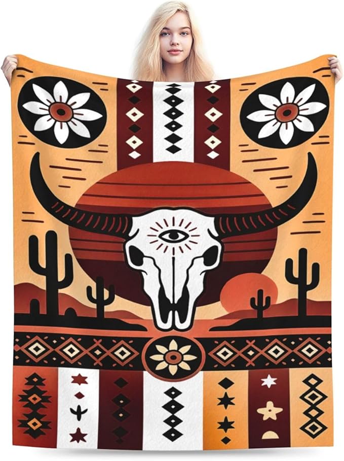 Western Boho Bull Skull Blanket Southwest Aztec Tribal Southwestern Navajo Throw Blanket Soft Cozy Fleece Fuzzy Stuffed Plush Flannel Gifts for Girls Women Boys Kids Adults 60''x80''