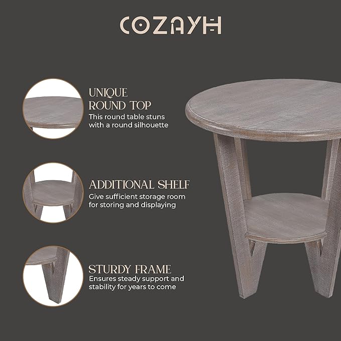 Rustic Farmhouse end Table with Storage Shelf, French Country Accent Side Table for Family, Dinning or Living Room, Small Spaces, Modern, Round, Vintage Grey Finish