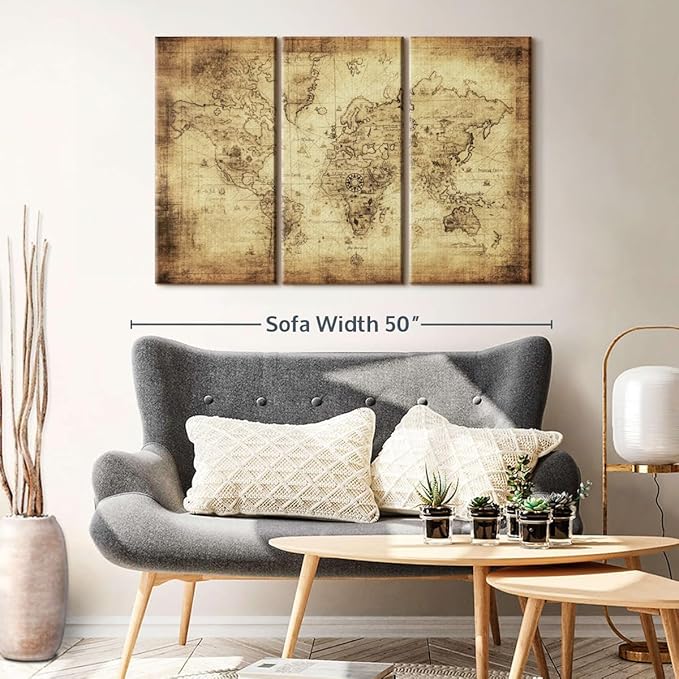 ElephantStock Ancient World Map Wall Art Multi Piece Canvas - 3 Piece Canvas World Map Wall Decor - Wall Decor - Ready-to-Hang Print - Vintage Wall Art - 45" X 28"