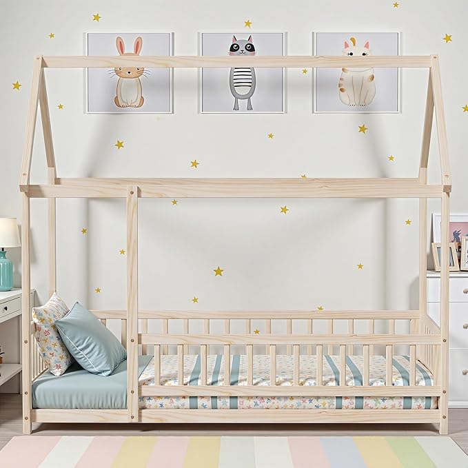LLS Twin Montessori Bed Frame, Wooden House Bed with Fence and Roof, Floor Bed for Boys Girls Bedroom, Natural