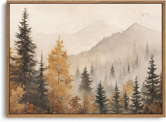 OIQArtOIQ Vintage Framed Wall Art Autumn Mountain Landscape Canvas Art Prints Fall Forest Rustic Farmhouse Pictures Wall Decor Modern Cottagecore Paintings Artwork For Bedroom Bathroom Living Room